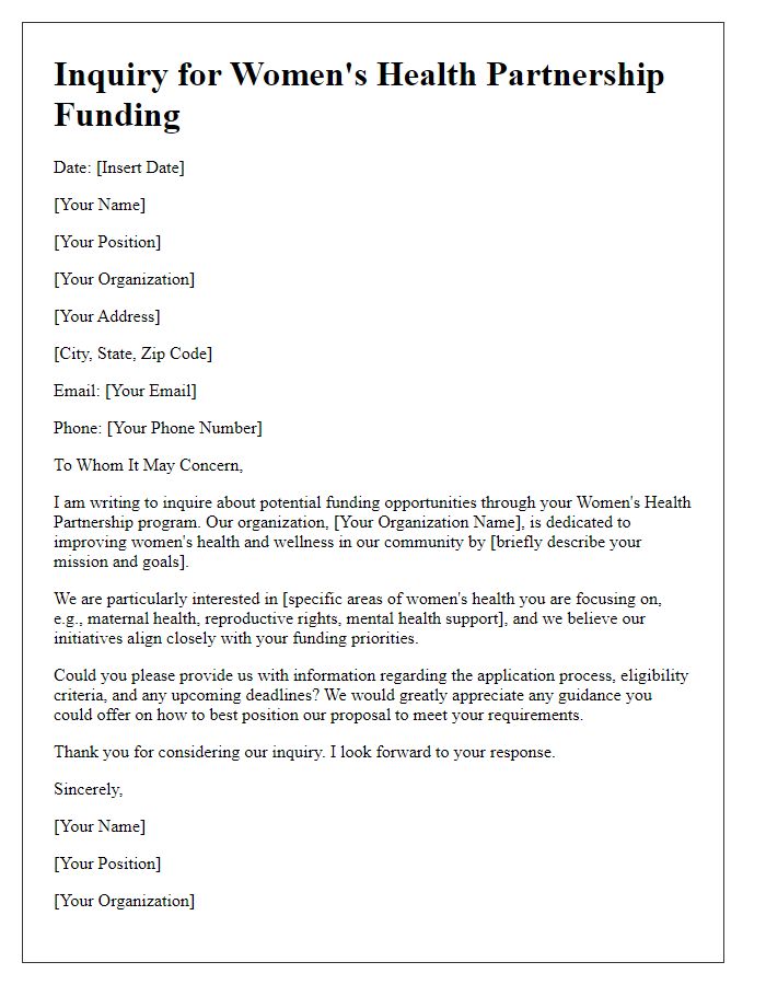 Letter template of inquiry for women's health partnership funding