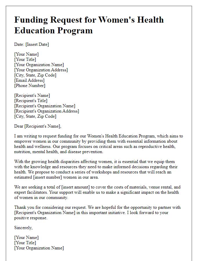 Letter template of project funding request for women's health education program