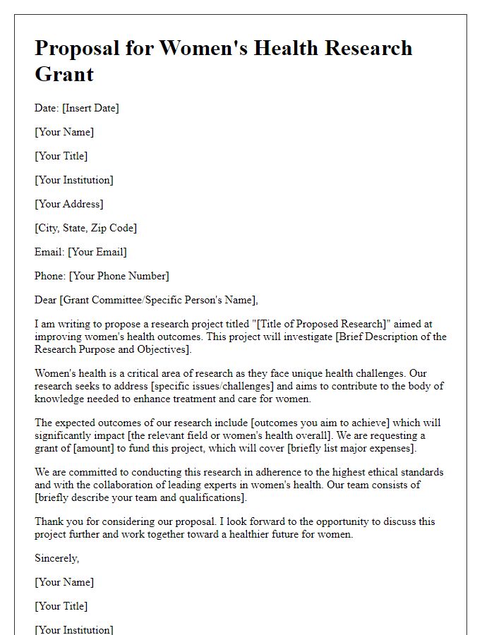 Letter template of proposal for women's health research grant