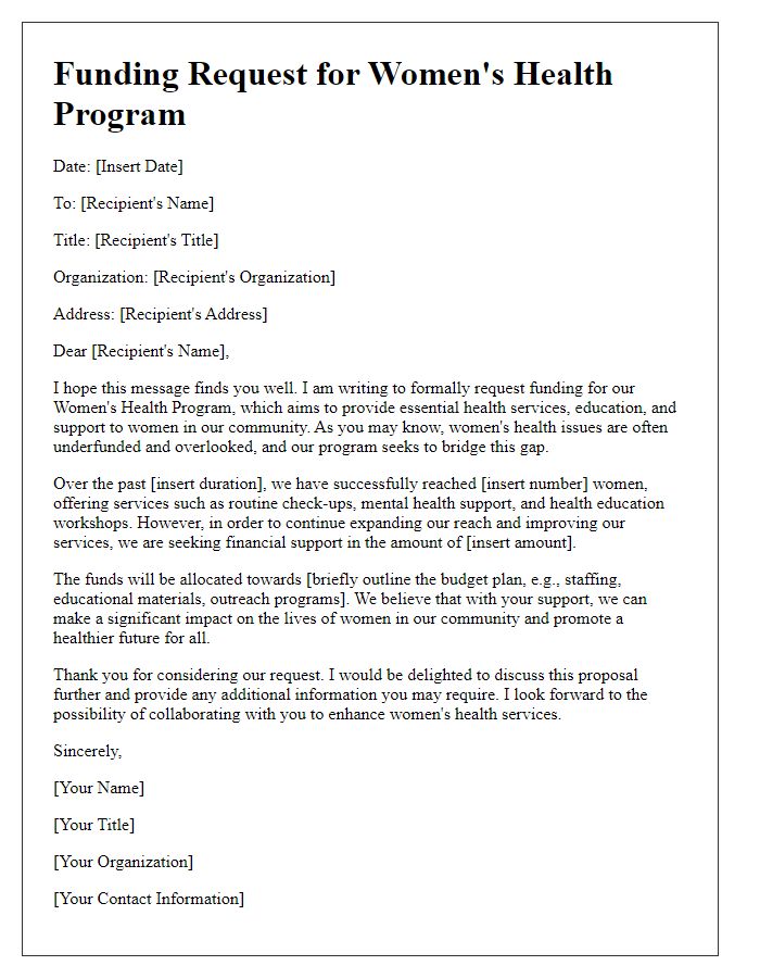 Letter template of request for women's health program funding