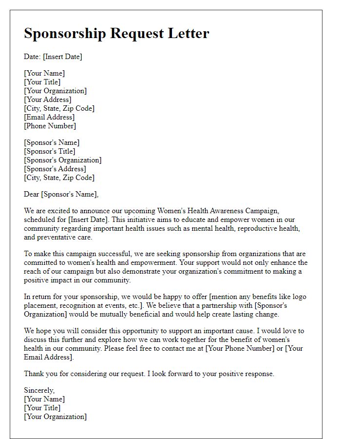 Letter template of sponsorship request for women's health awareness campaign