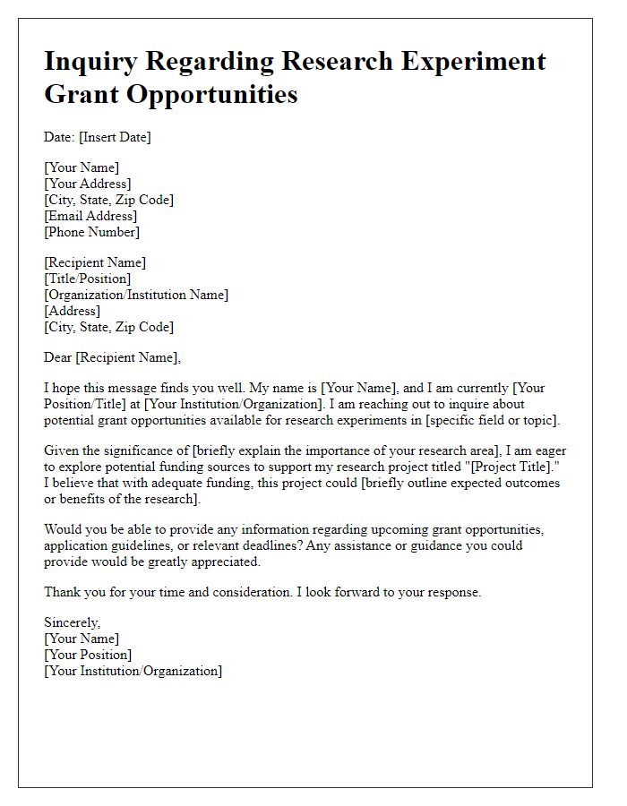 Letter template of inquiry regarding research experiment grant opportunities