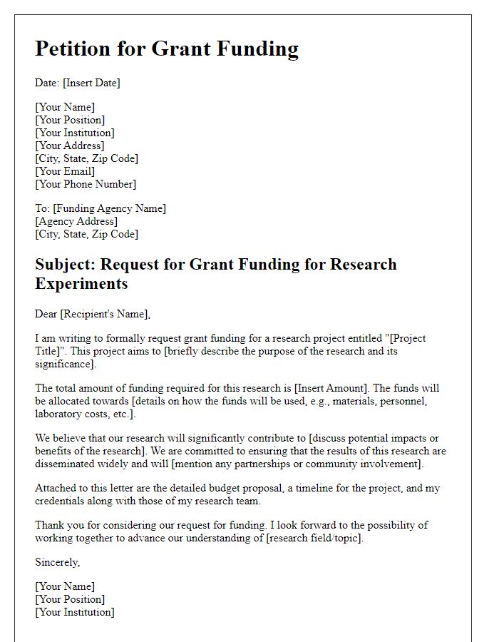 Letter template of petition for grant funding for research experiments