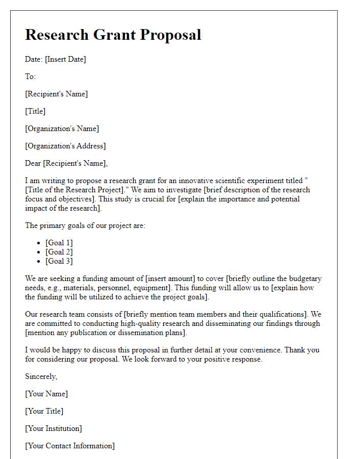 Letter template of research grant proposal for scientific experiments