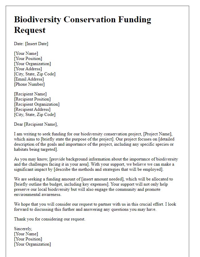 Letter template of biodiversity conservation funding request