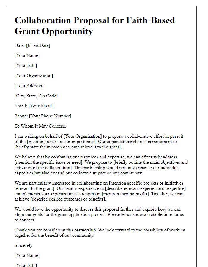 Letter template of collaboration proposal for a faith-based grant opportunity