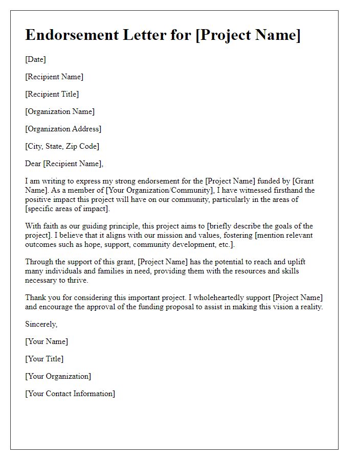 Letter template of endorsement for a project funded by a faith-based grant