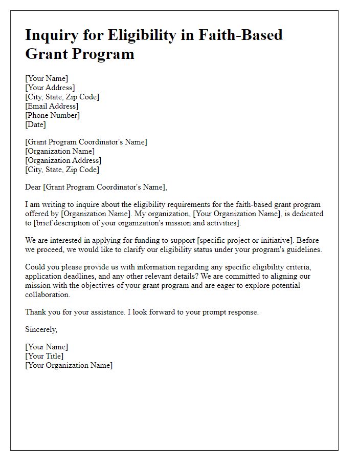 Letter template of inquiry for eligibility in a faith-based grant program