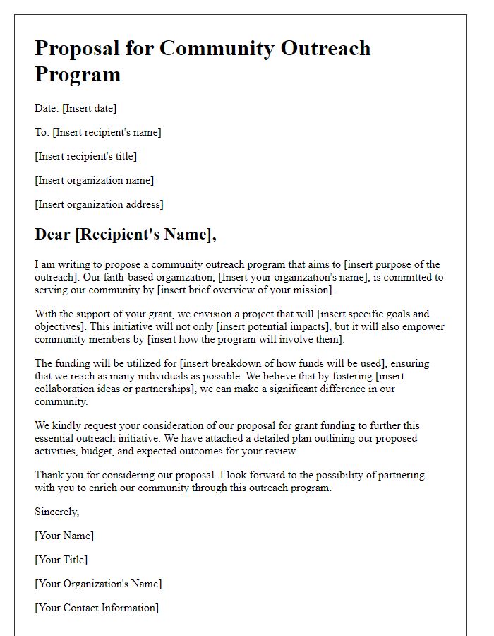 Letter template of proposal for community outreach through a faith-based grant