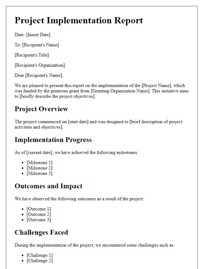 Letter template of report on implementation of a project funded by a faith-based grant