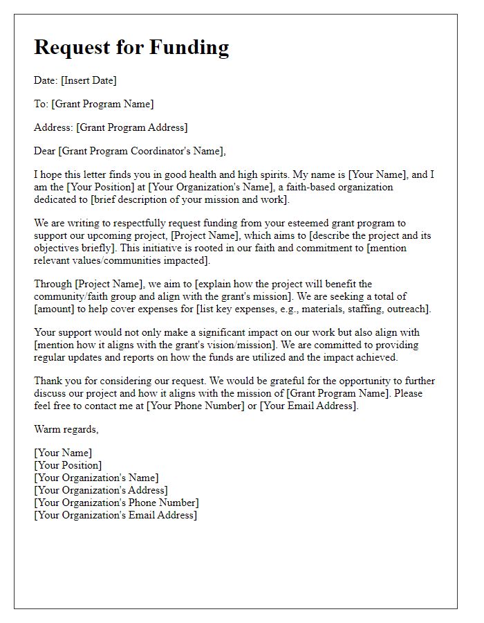 Letter template of request for funding from a faith-based grant program