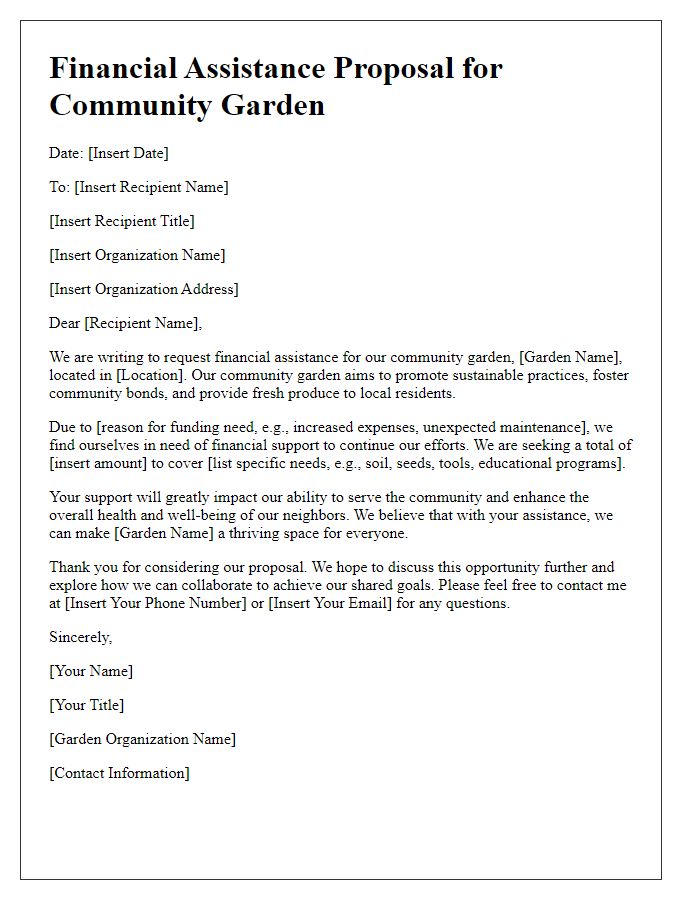 Letter template of community garden financial assistance proposal.