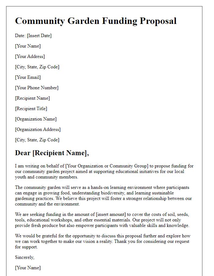 Letter template of community garden funding proposal for educational purposes.