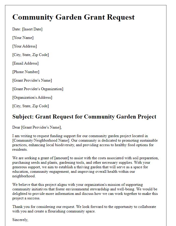 Letter template of community garden grant request for funding support.