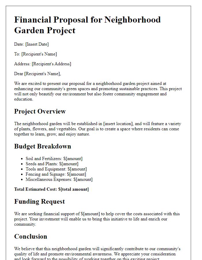 Letter template of financial proposal for neighborhood garden project.