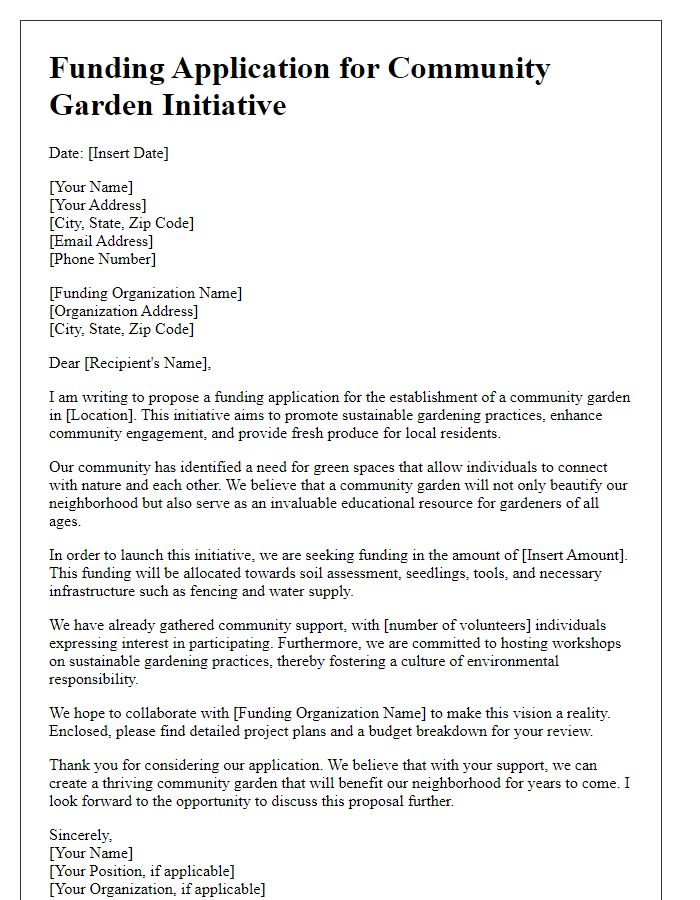 Letter template of funding application for community garden initiative.