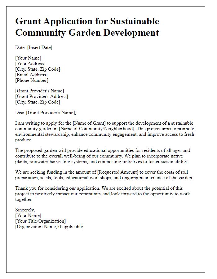 Letter template of grant application for sustainable community garden development.