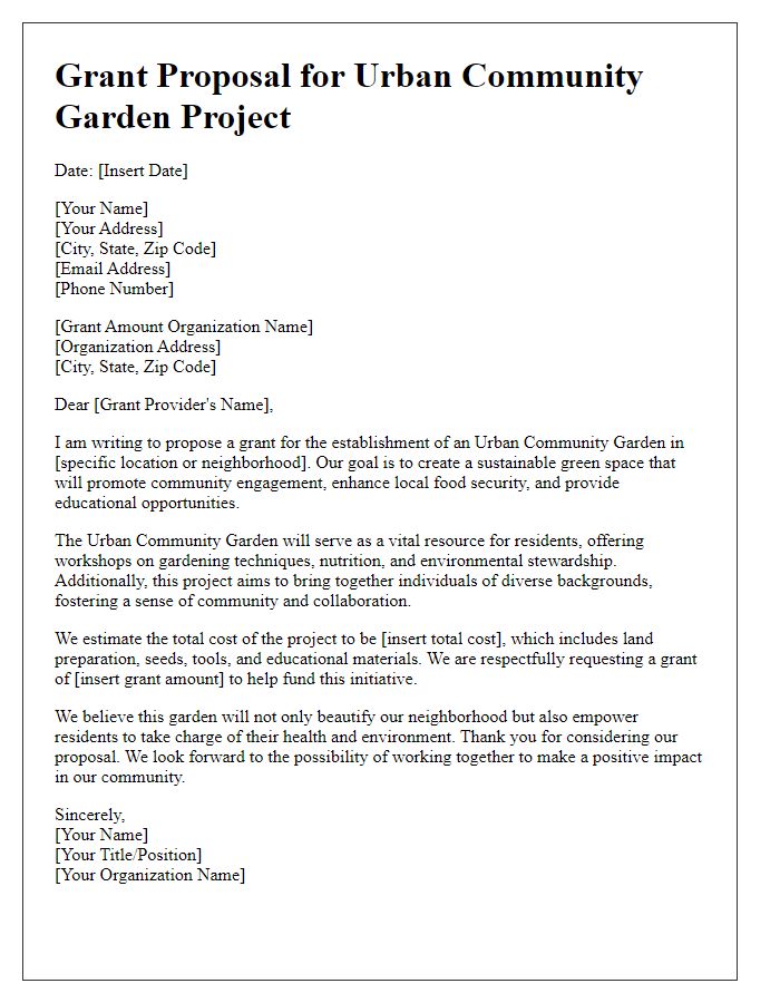 Letter template of grant proposal for urban community garden project.