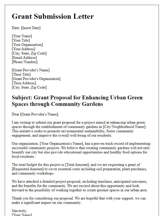 Letter template of grant submission for enhancing urban green spaces through community gardens.