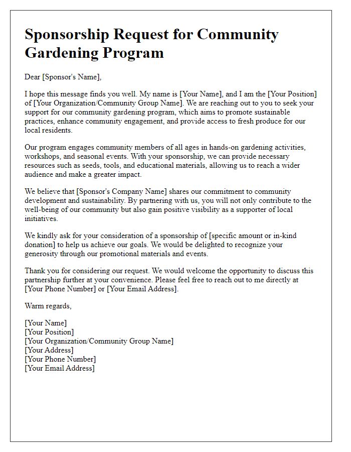 Letter template of sponsorship request for community gardening program.