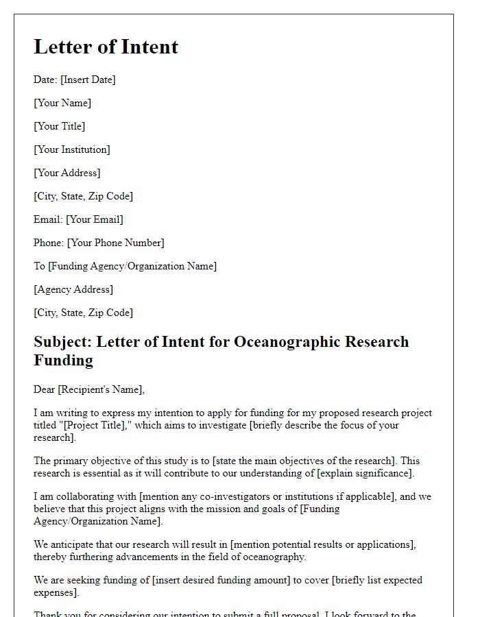 Letter template of intention for oceanographic research funding