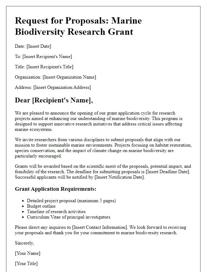 Letter template of solicitation for marine biodiversity research grant