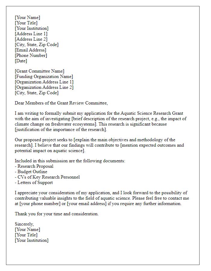 Letter template of submission for aquatic science research grant