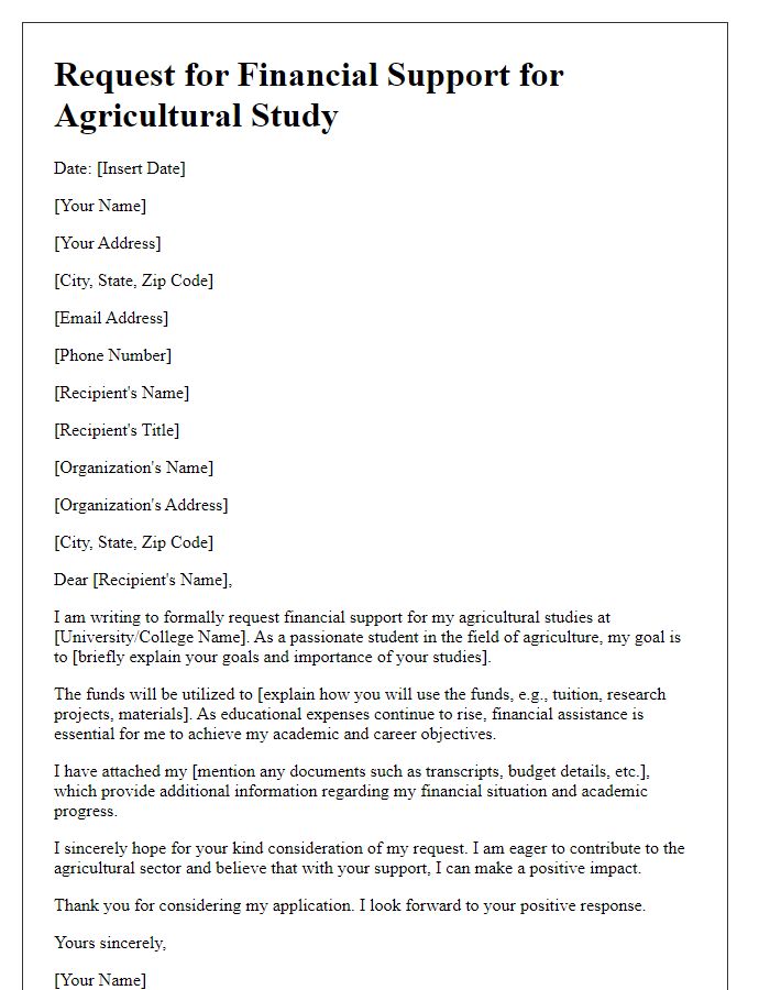 Letter template of agricultural study financial support request