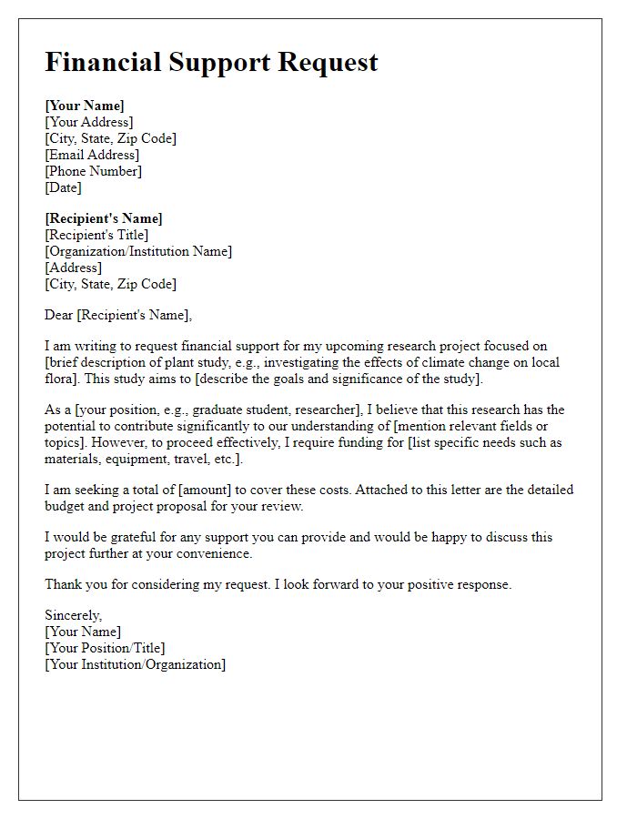 Letter template of plant study financial support request