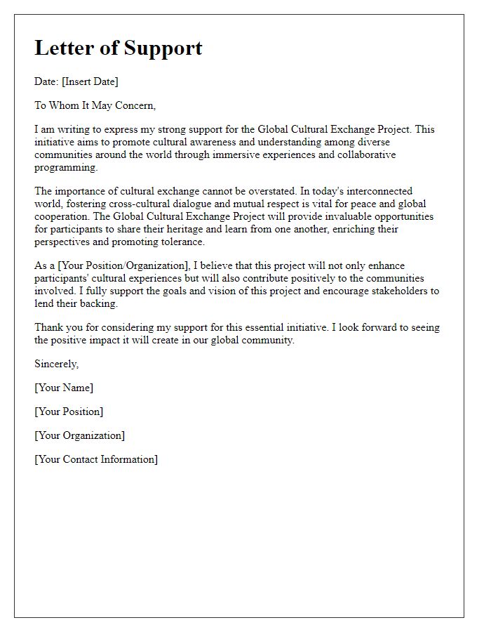 Letter template of support for global cultural exchange project