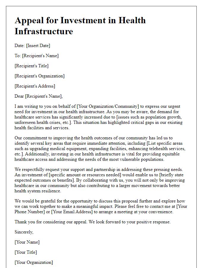 Letter template of appeal for investment in health infrastructure.