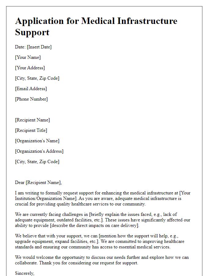 Letter template of application for medical infrastructure support.