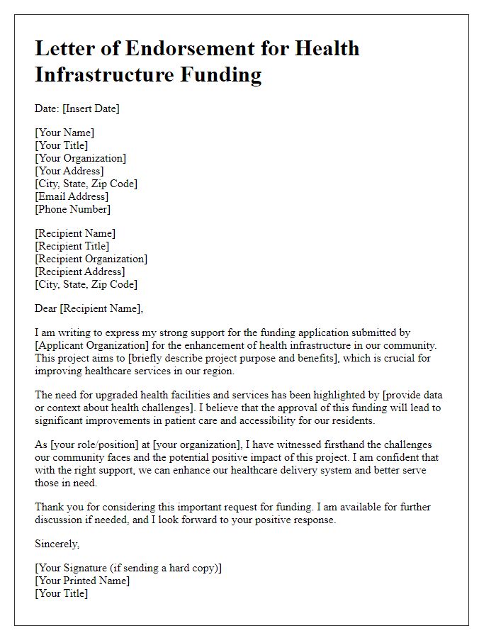 Letter template of endorsement for health infrastructure funding application.