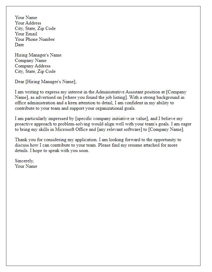 Letter template of an entry-level cover letter for an administrative assistant job.