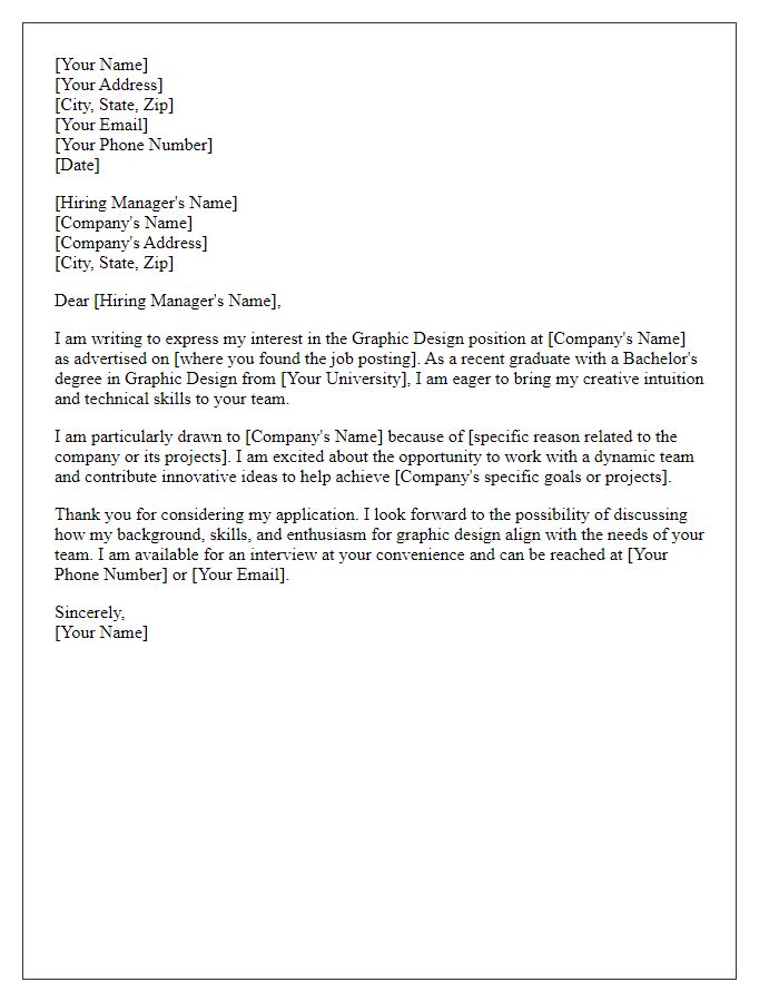 Letter template of an entry-level cover letter for a graphic design role.