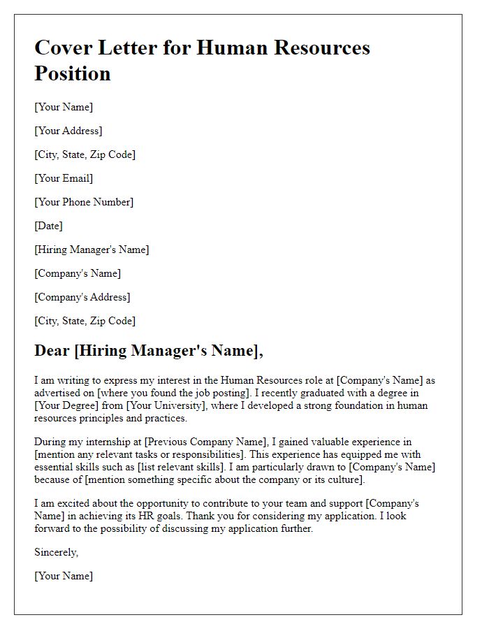 Letter template of an entry-level cover letter for a human resources role.