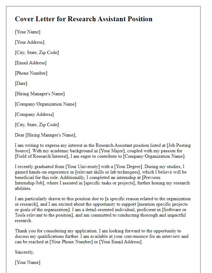 Letter template of an entry-level cover letter for a research assistant position.