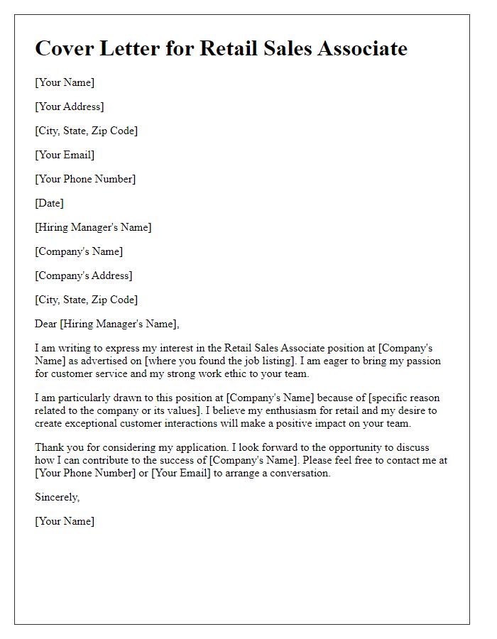 Letter template of an entry-level cover letter for a retail sales associate.