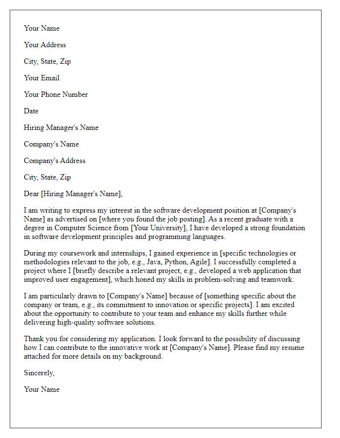 Letter template of an entry-level cover letter for a software development role.