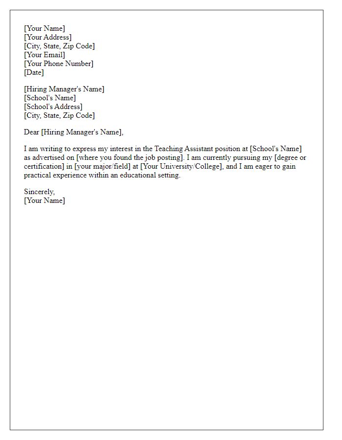 Letter template of an entry-level cover letter for a teaching assistant position.