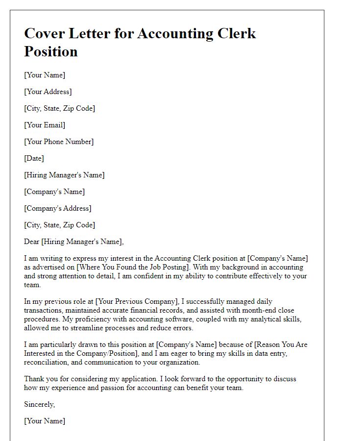 Letter template of cover letter for accounting clerk position