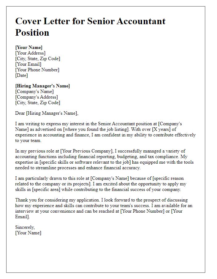 Letter template of cover letter for senior accountant role