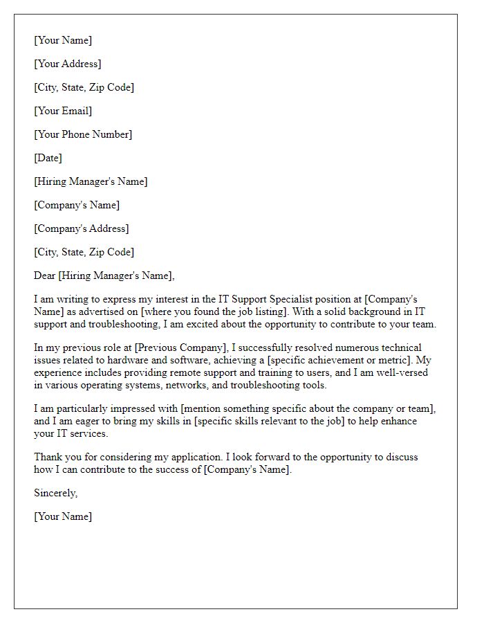 Letter template of cover letter for IT support specialist role