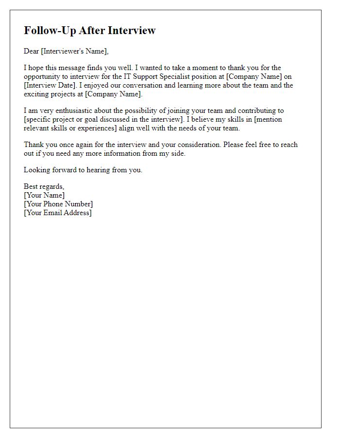 Letter template of follow-up after interview for IT support specialist