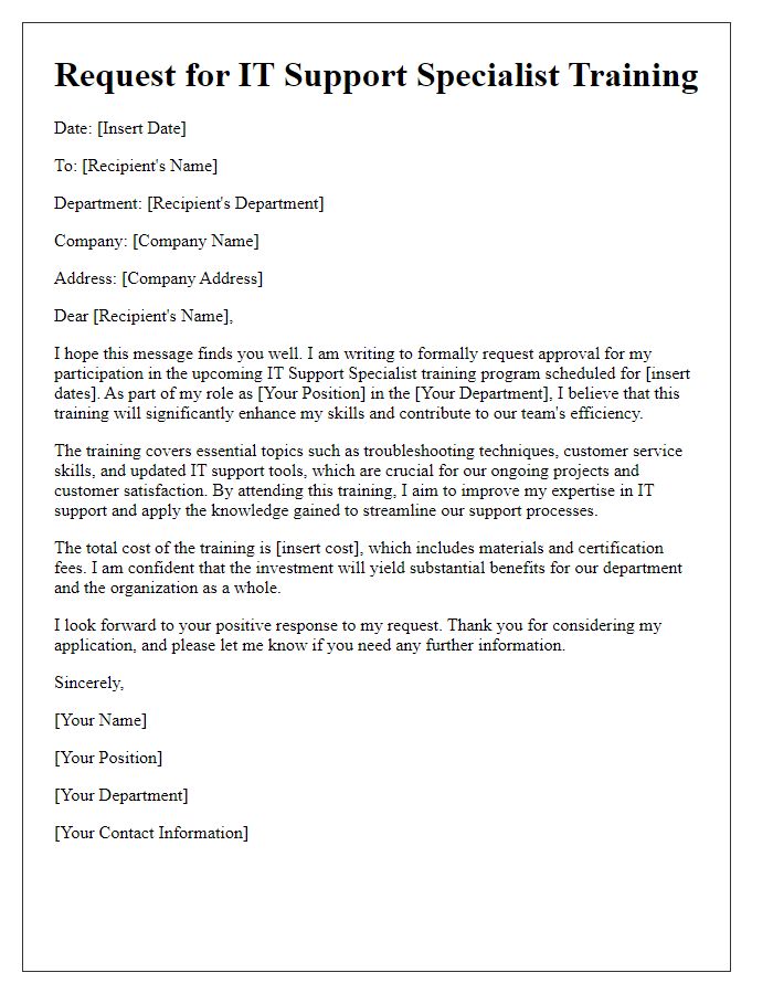 Letter template of request for IT support specialist training