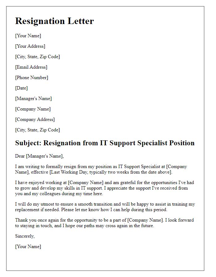 Letter template of resignation from IT support specialist position