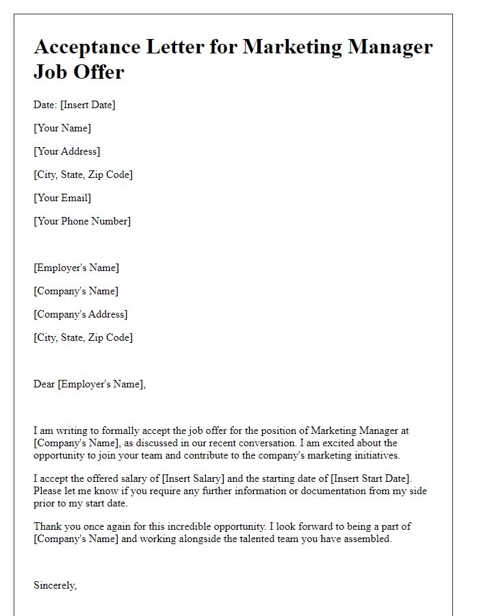 Letter template of acceptance for marketing manager job offer