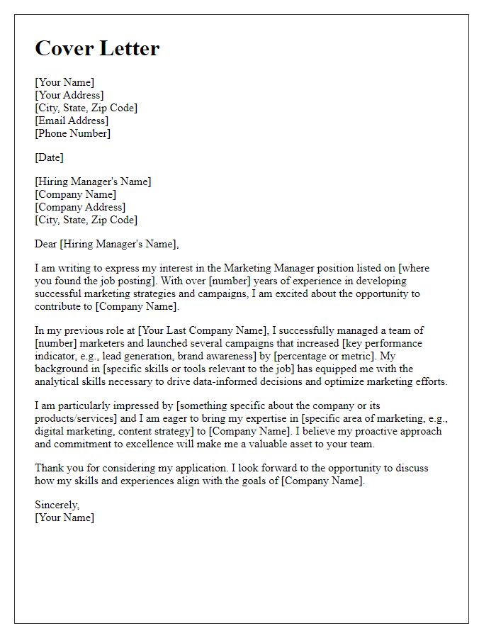 Letter template of cover letter for marketing manager role