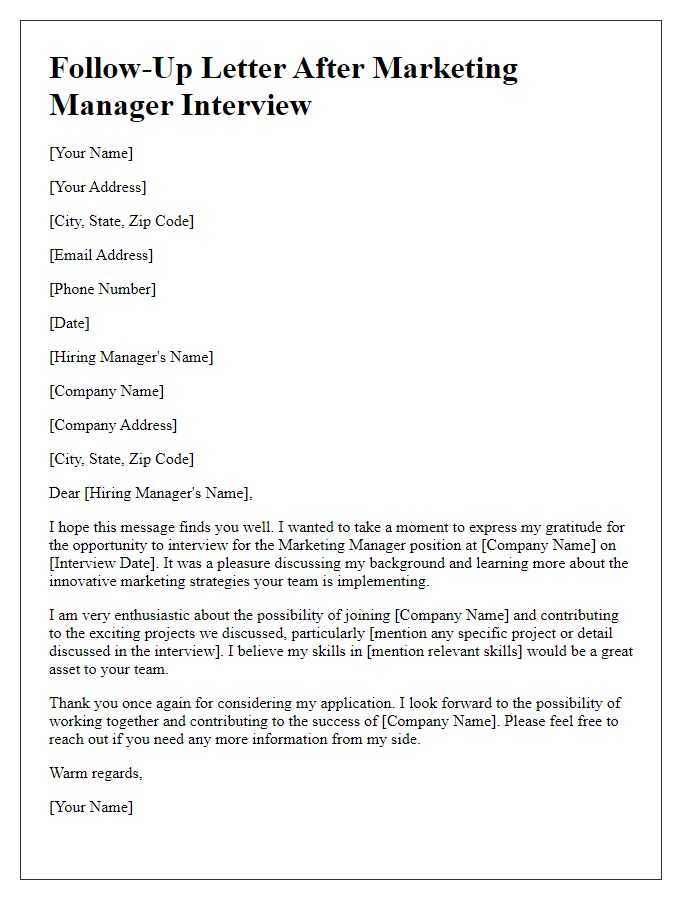 Letter template of follow-up after marketing manager interview