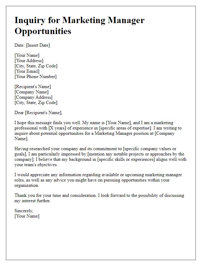 Letter template of inquiry for marketing manager opportunities